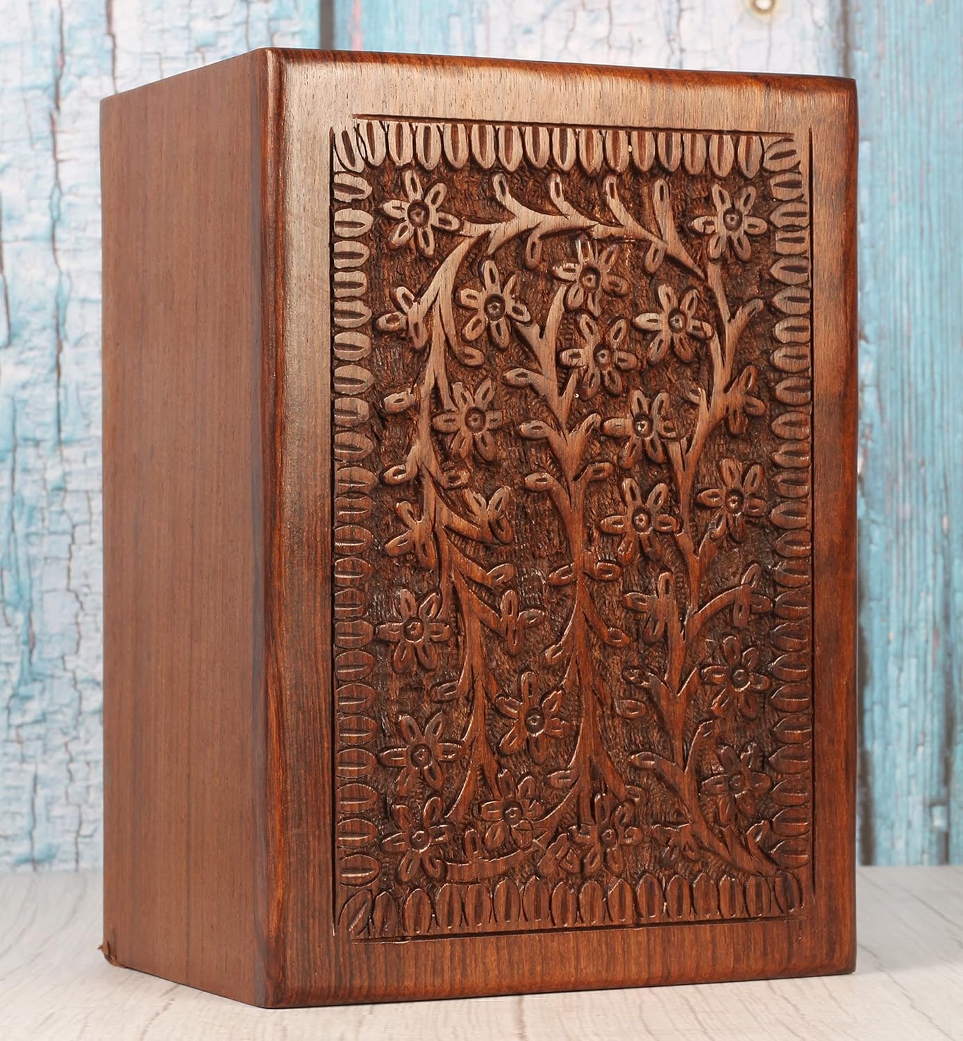 Hand Carved Wooden Urn Box - Cremation Urn for Human Ashes 7x5 Inch