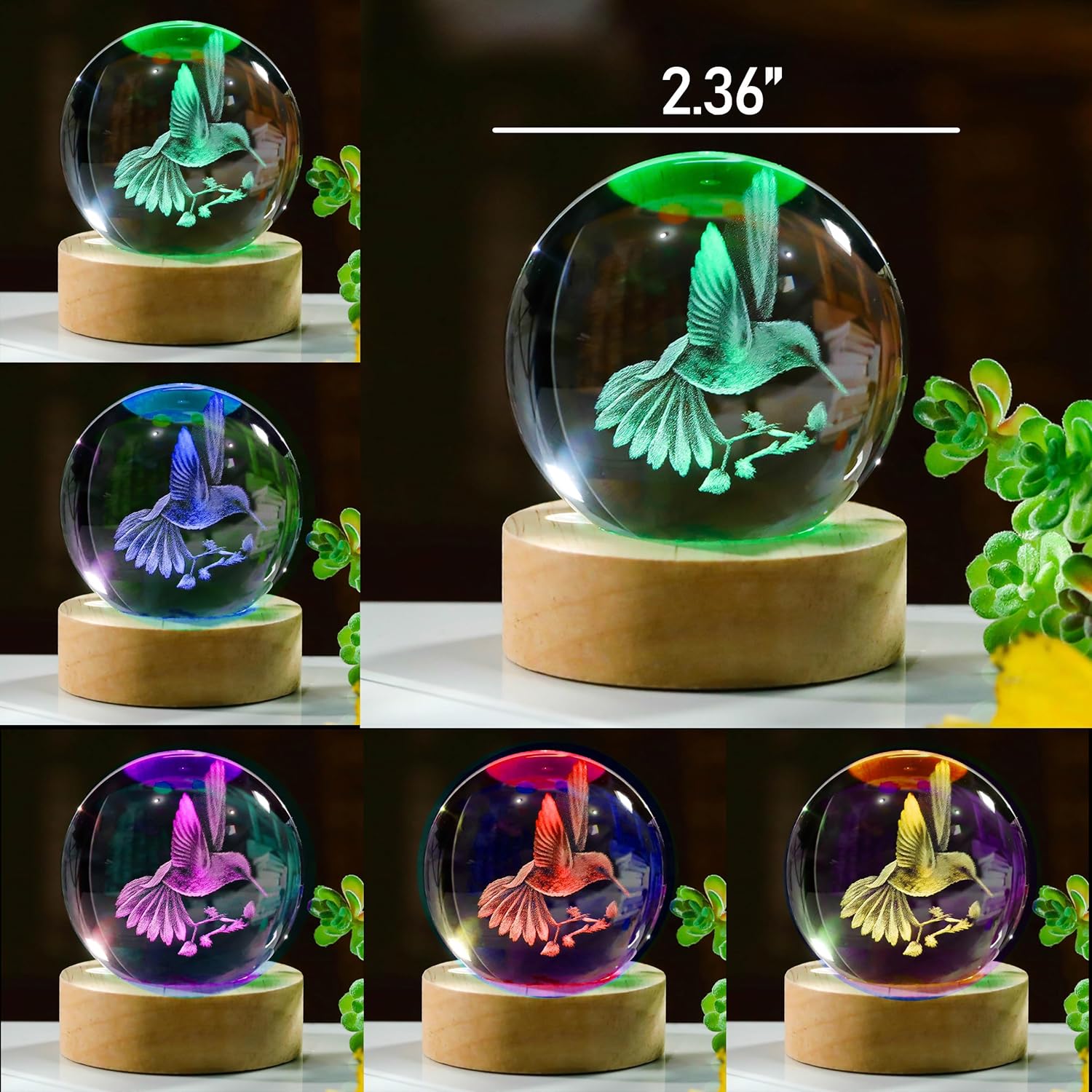 3D Hummingbird Crystal Ball 60mm - Decorative Night Light for Room Birthday Lovers Gifts