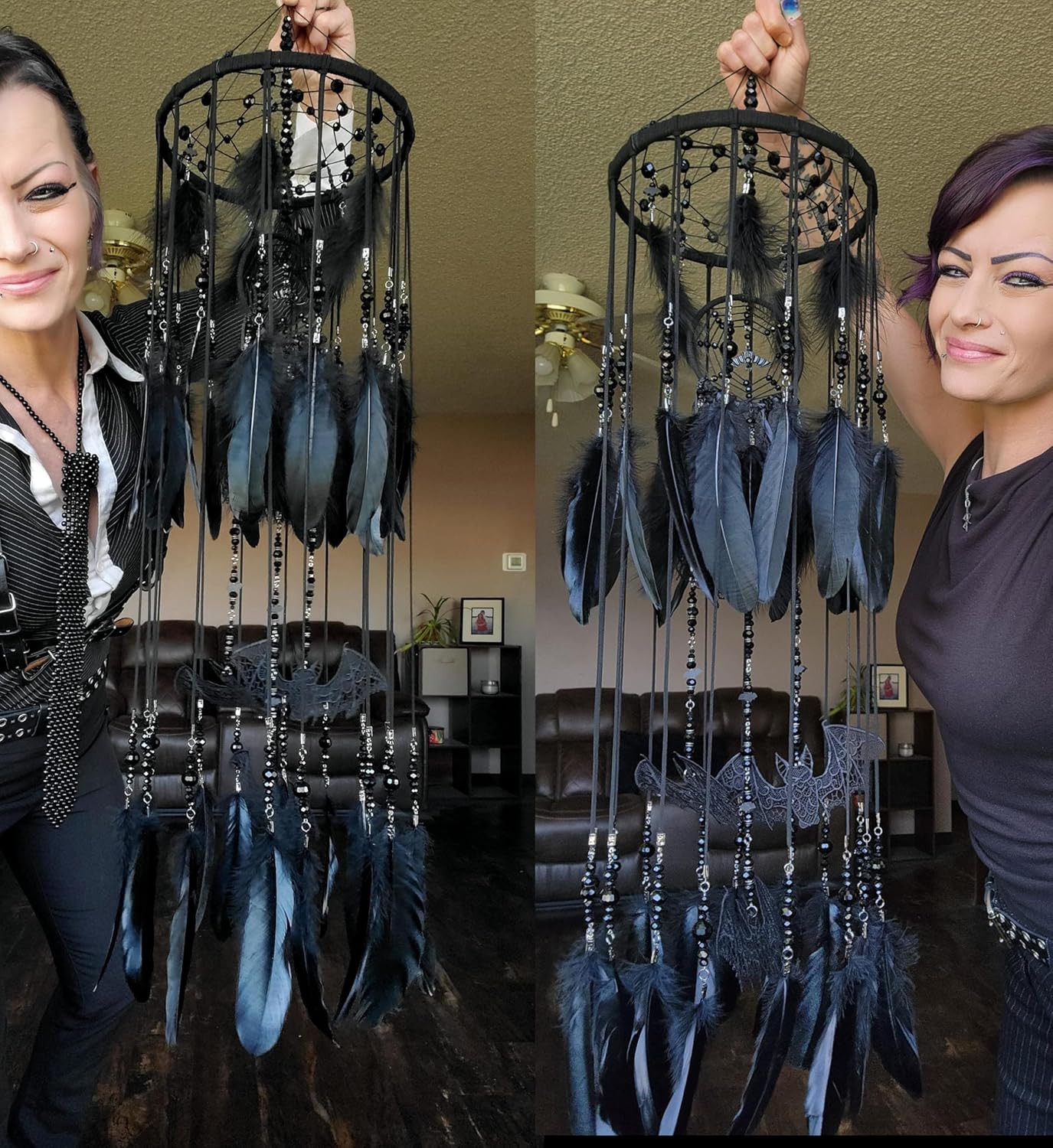 Gothic Black Dreamcatcher Mobile with Crystals and Bats