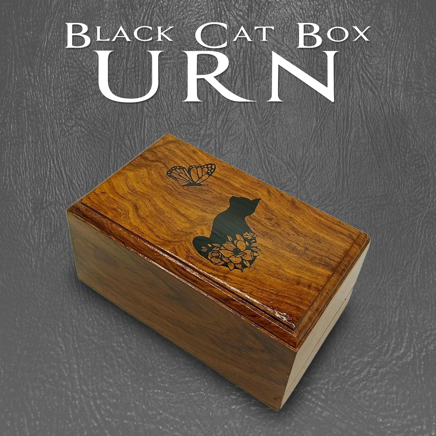 Rosewood Pet Urn with Black Cat in Heaven Design