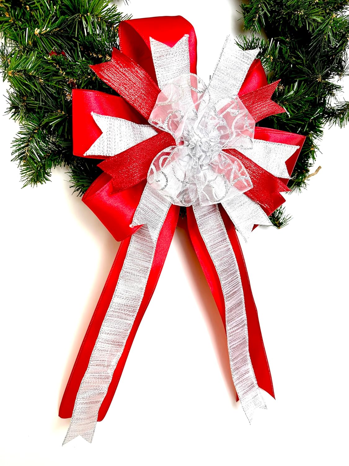 Red and Silver Wreath Bow for Christmas Tree