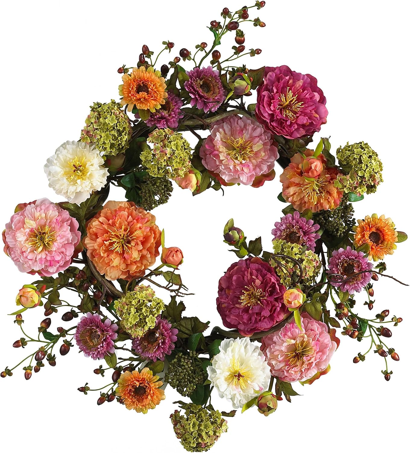 Nearly Natural 24 Inch Peony Wreath Mixed Colors
