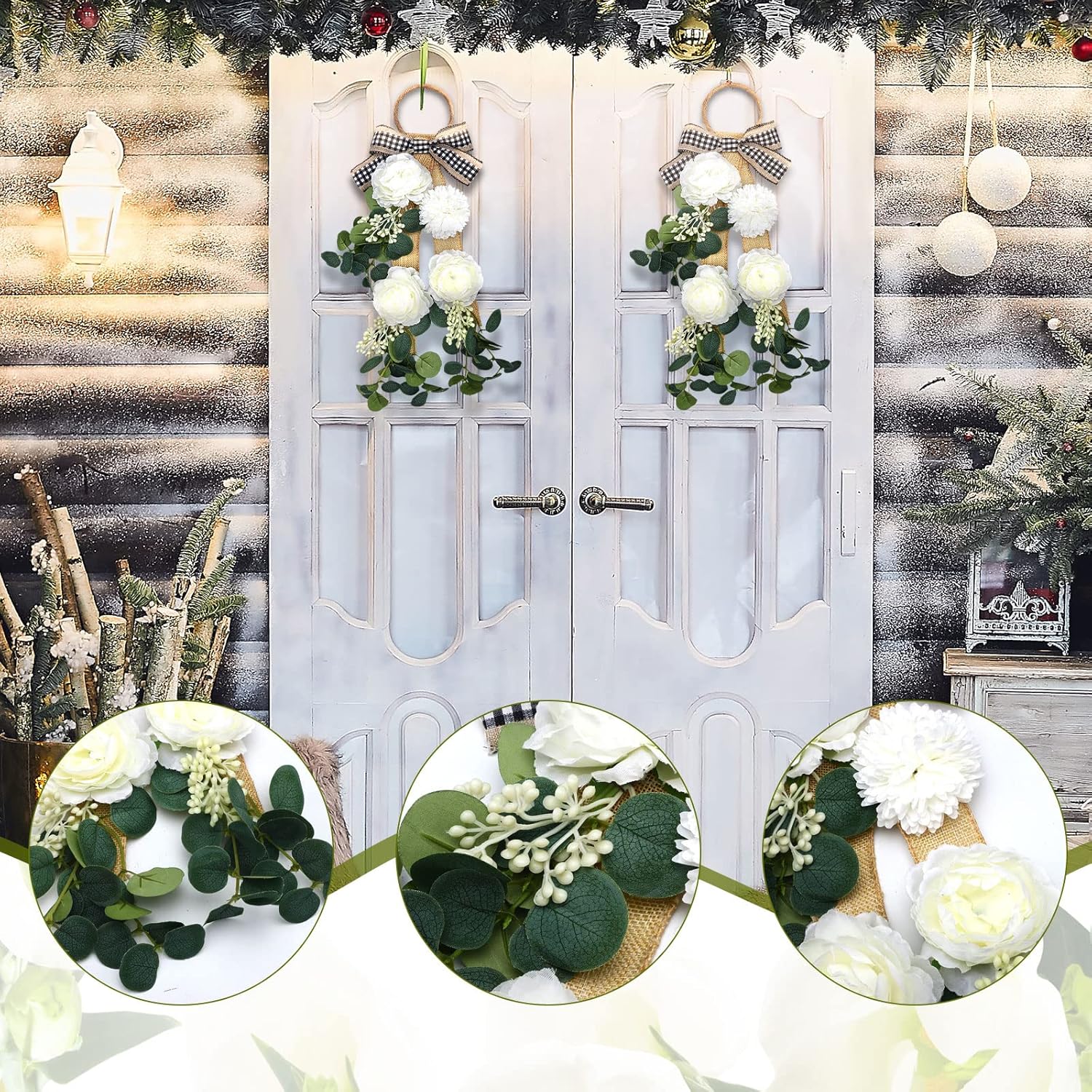 2 Pcs Farmhouse Green Eucalyptus Wreath Artificial Swag for Front Door Accent Decor