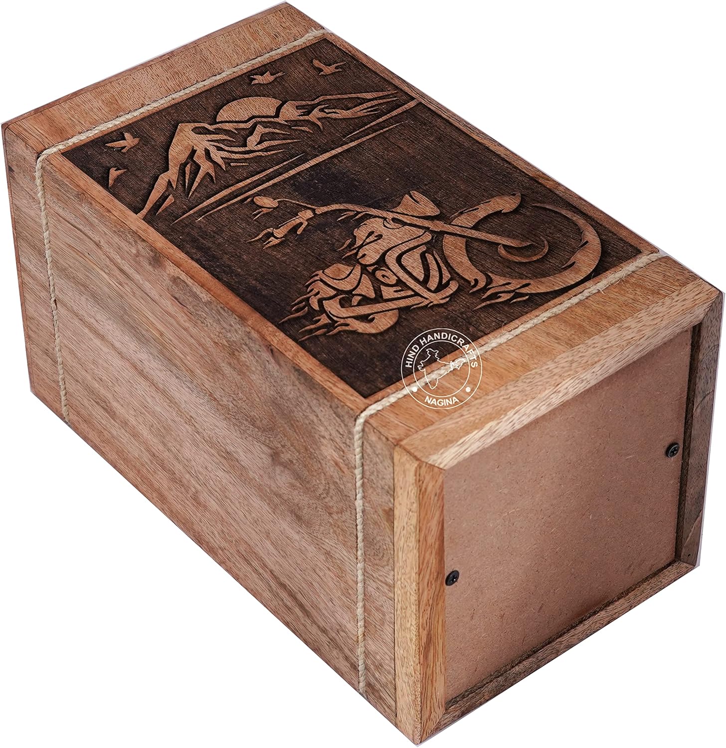 Biker Wooden Urn with Mountain Rising Sun Design - Handmade Hardwood Cremation Urn for Burial and Memorial