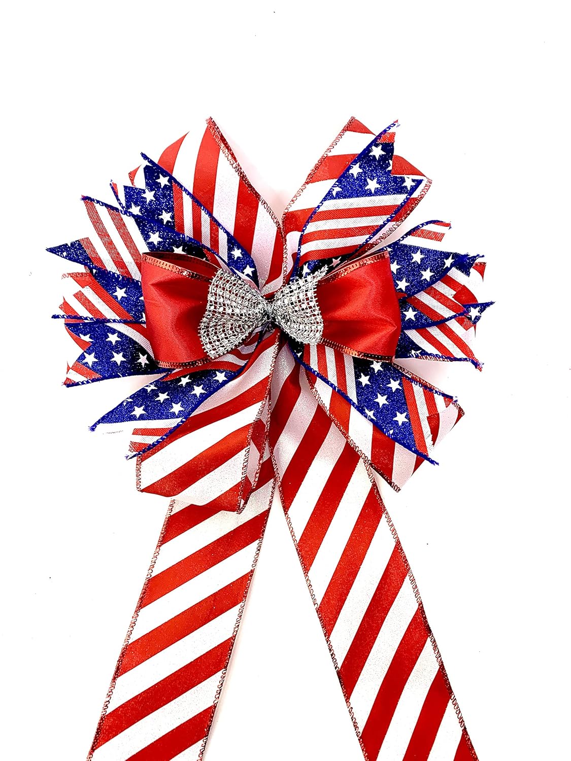 Patriotic Christmas Wreath Bow Red White Blue Door Welcome Bow Stars and Stripes Decor