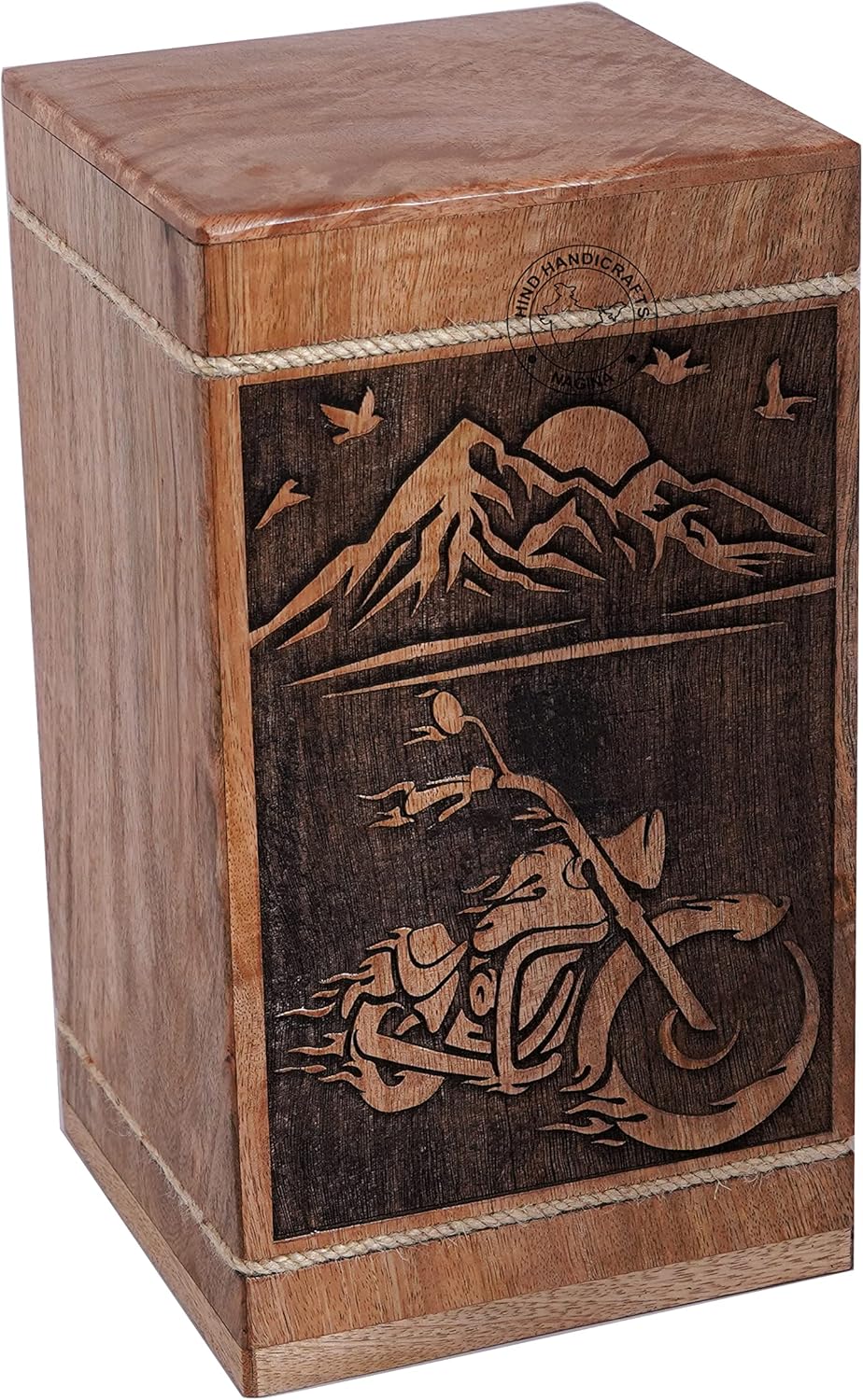 Biker Wooden Urn with Mountain Rising Sun Design - Handmade Hardwood Cremation Urn for Burial and Memorial
