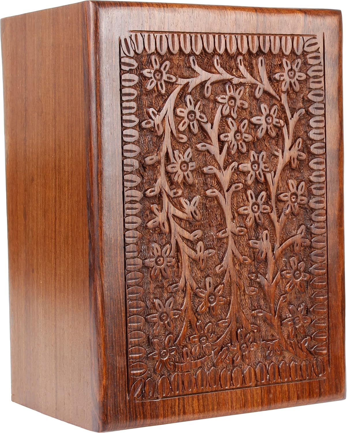 Hand Carved Wooden Urn Box - Cremation Urn for Human Ashes 7x5 Inch