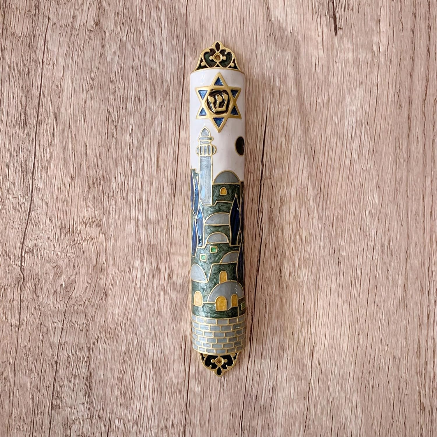 Hand Painted Mezuzah with Star of David and Jerusalem Motifs