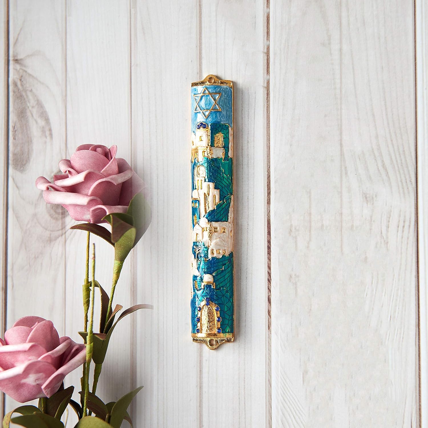 Matashi Jerusalem Cityscape Mezuzah with Gold Accents and Star of David Crystals