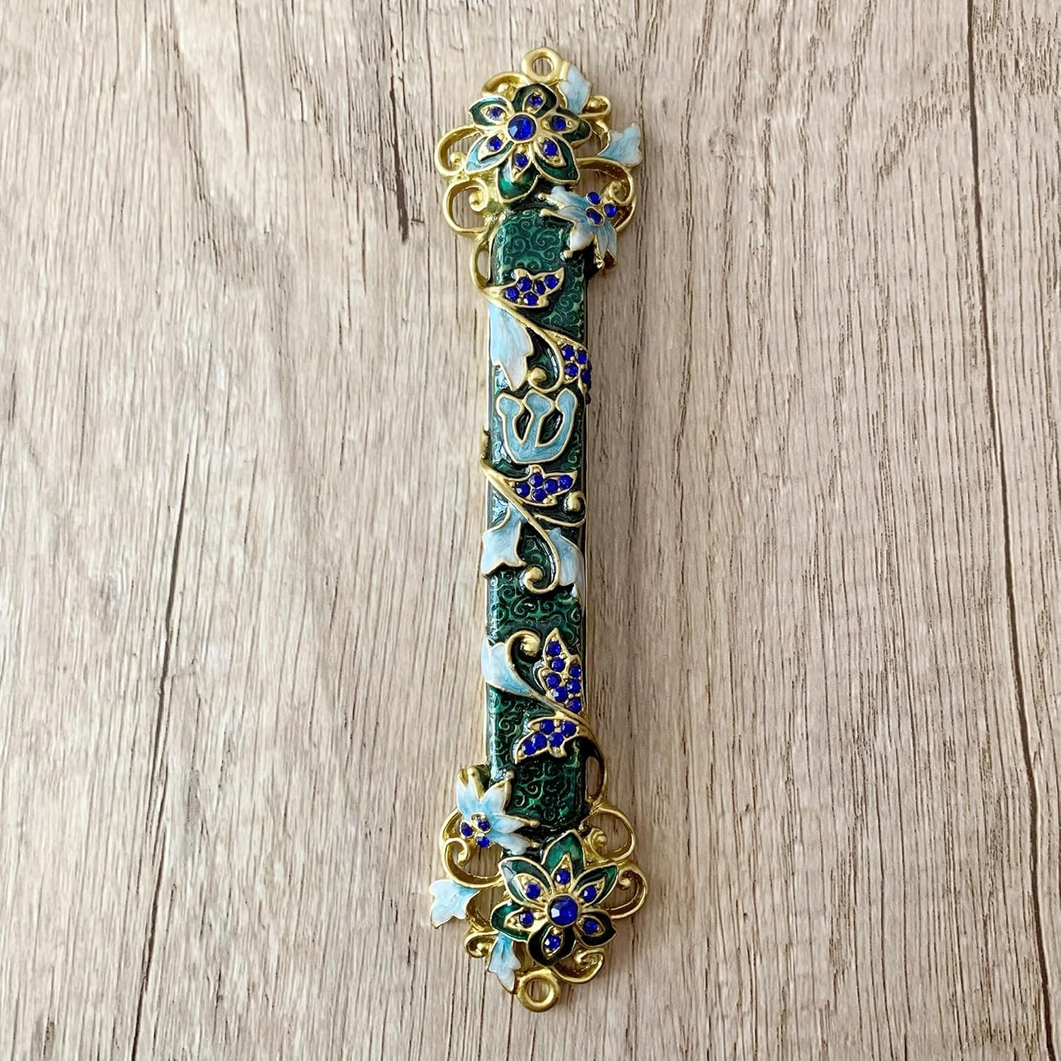 Hand Painted Mezuzah with Blue Crystal Accent