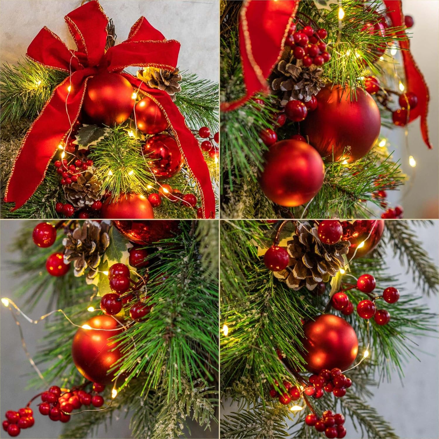 24 Inch Pre-Lit Teardrop Swag with Red Bow and Fairy Lights