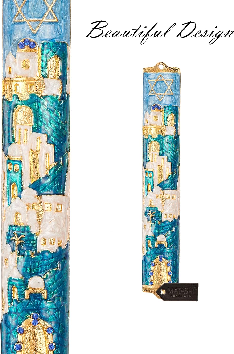 Matashi Jerusalem Cityscape Mezuzah with Gold Accents and Star of David Crystals