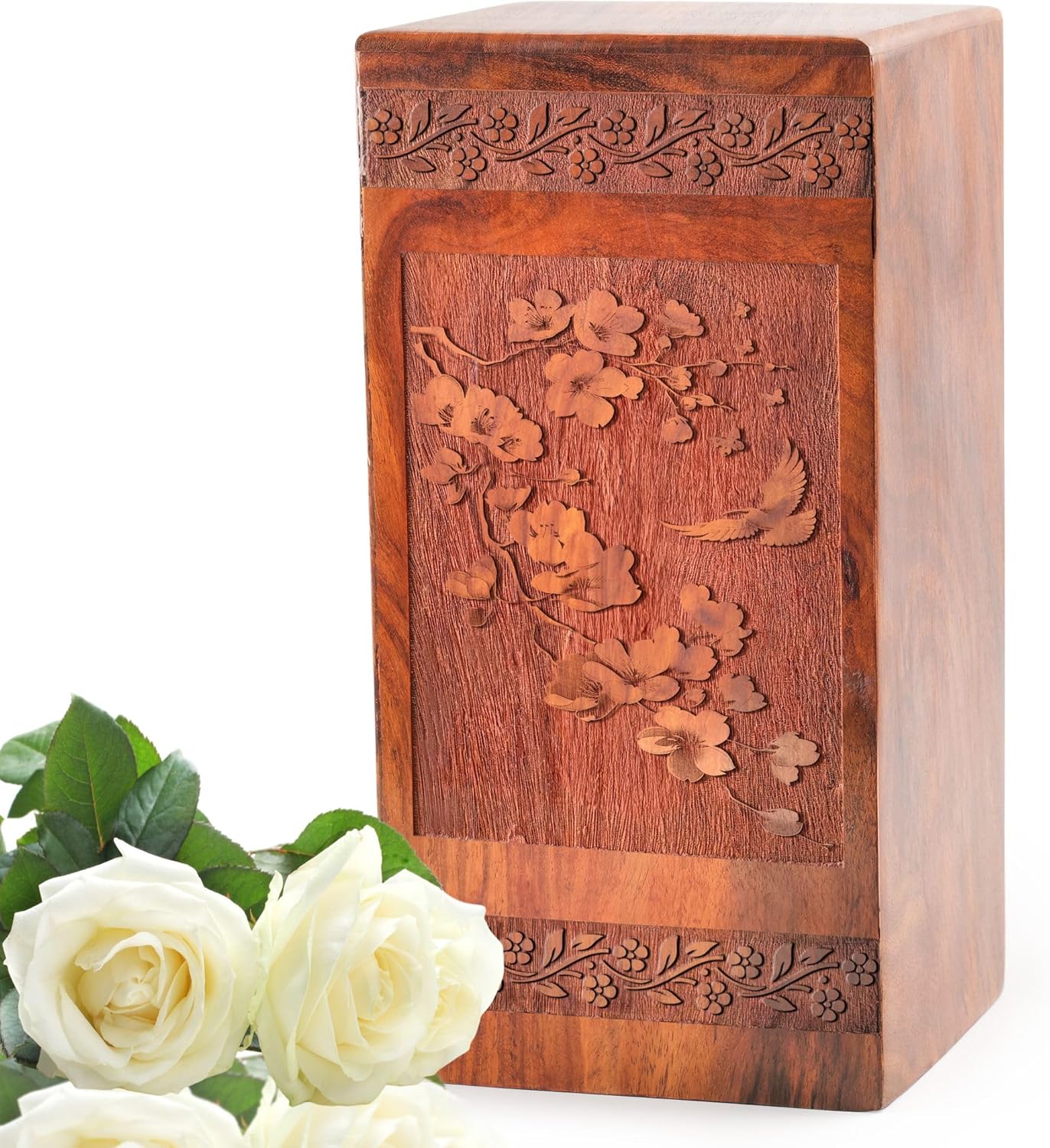 Cherry Blossoms Wooden Cremation Urn for Adult 10 Inch