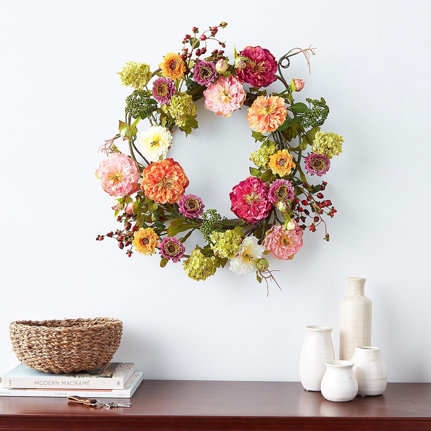 Nearly Natural 24 Inch Peony Wreath Mixed Colors