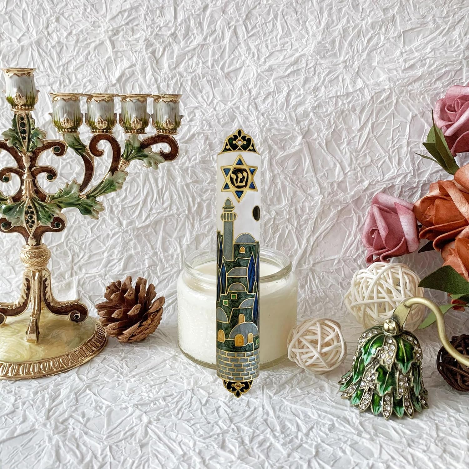 Hand Painted Mezuzah with Star of David and Jerusalem Motifs