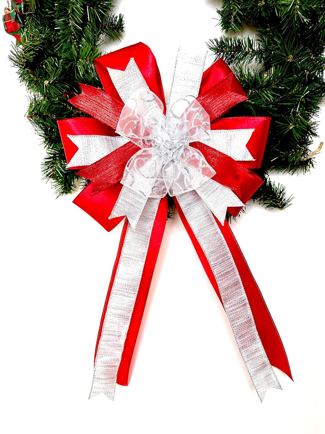 Red and Silver Wreath Bow for Christmas Tree