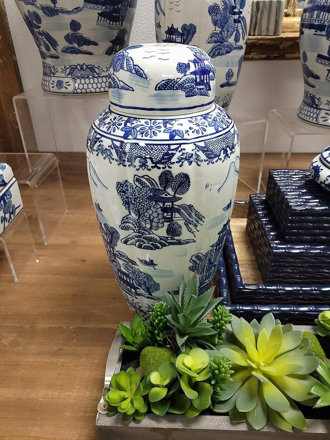 Galt International 16 Inch Blue and White Ceramic Ginger Jar