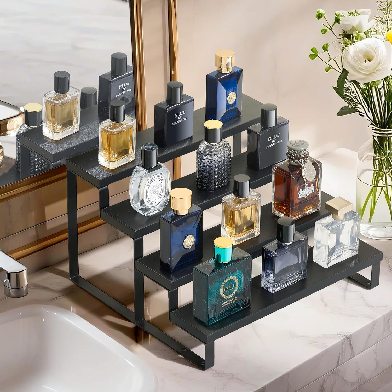 Wooden Display Riser Stand 4 Tier Cologne and Perfume Organizer Black