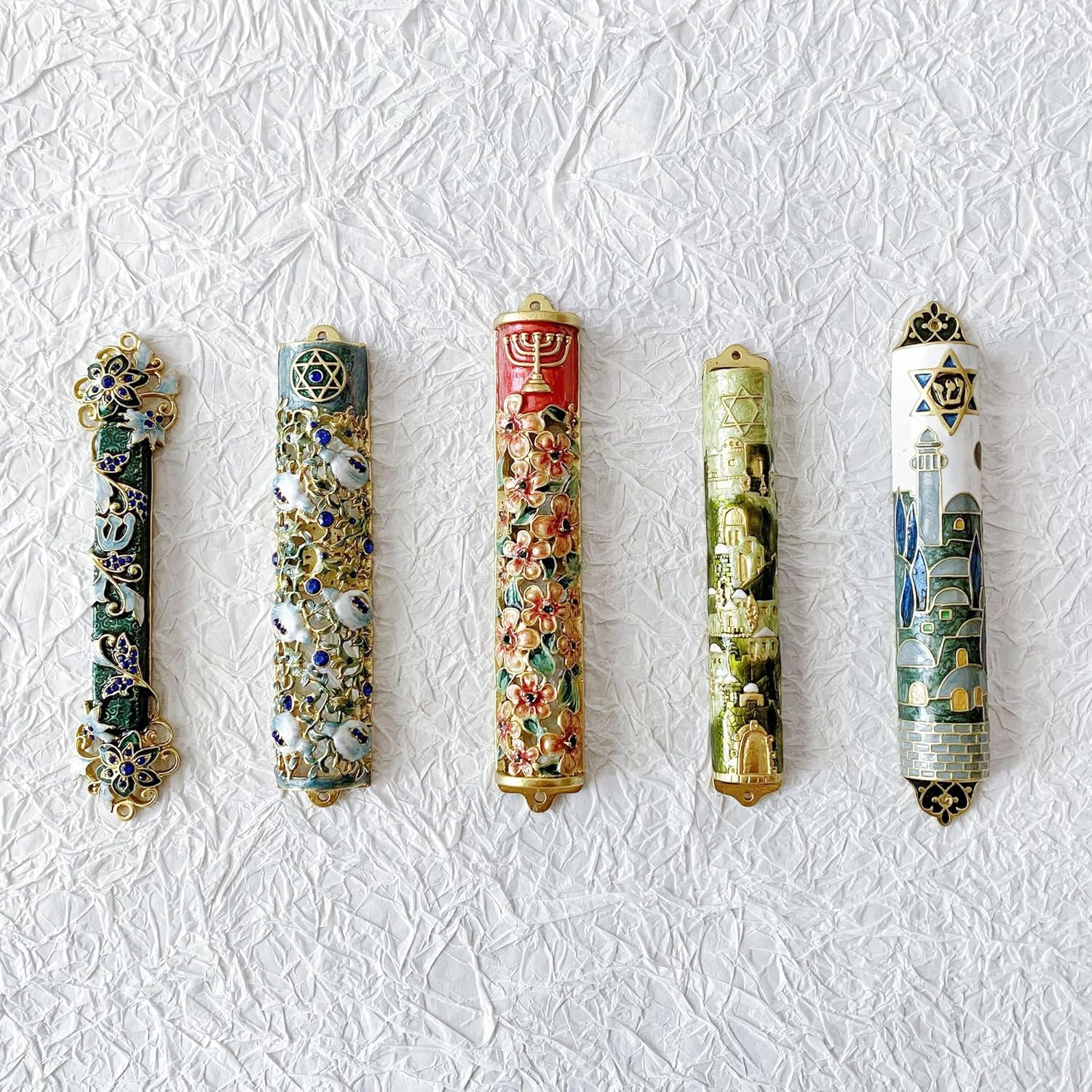 Hand Painted Mezuzah with Blue Crystal Accent