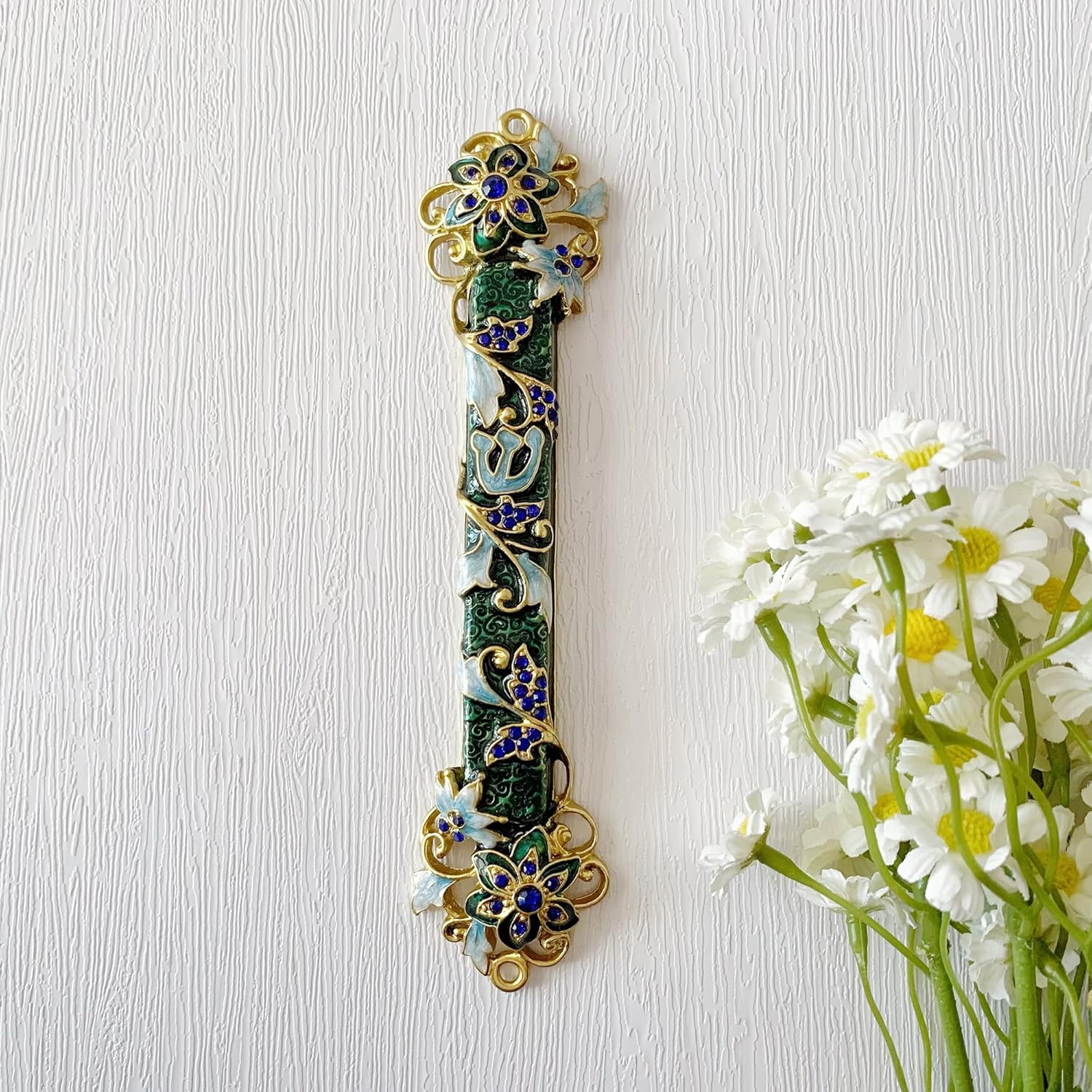 Hand Painted Mezuzah with Blue Crystal Accent