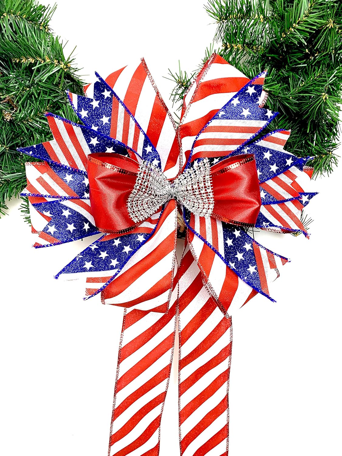 Patriotic Christmas Wreath Bow Red White Blue Door Welcome Bow Stars and Stripes Decor