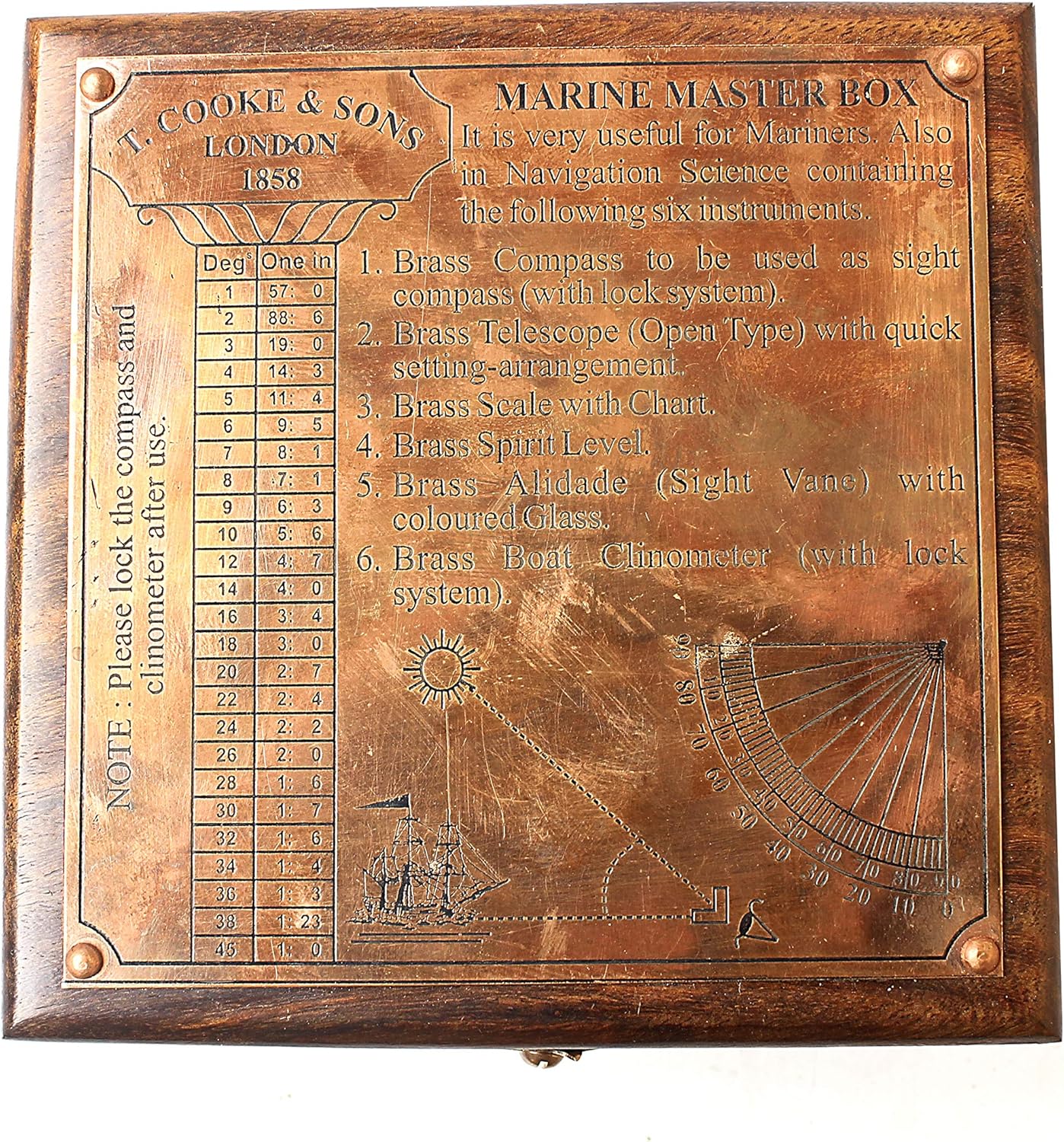 Antique Marine Master Box with Telescope Compass Alidade Scale Chart